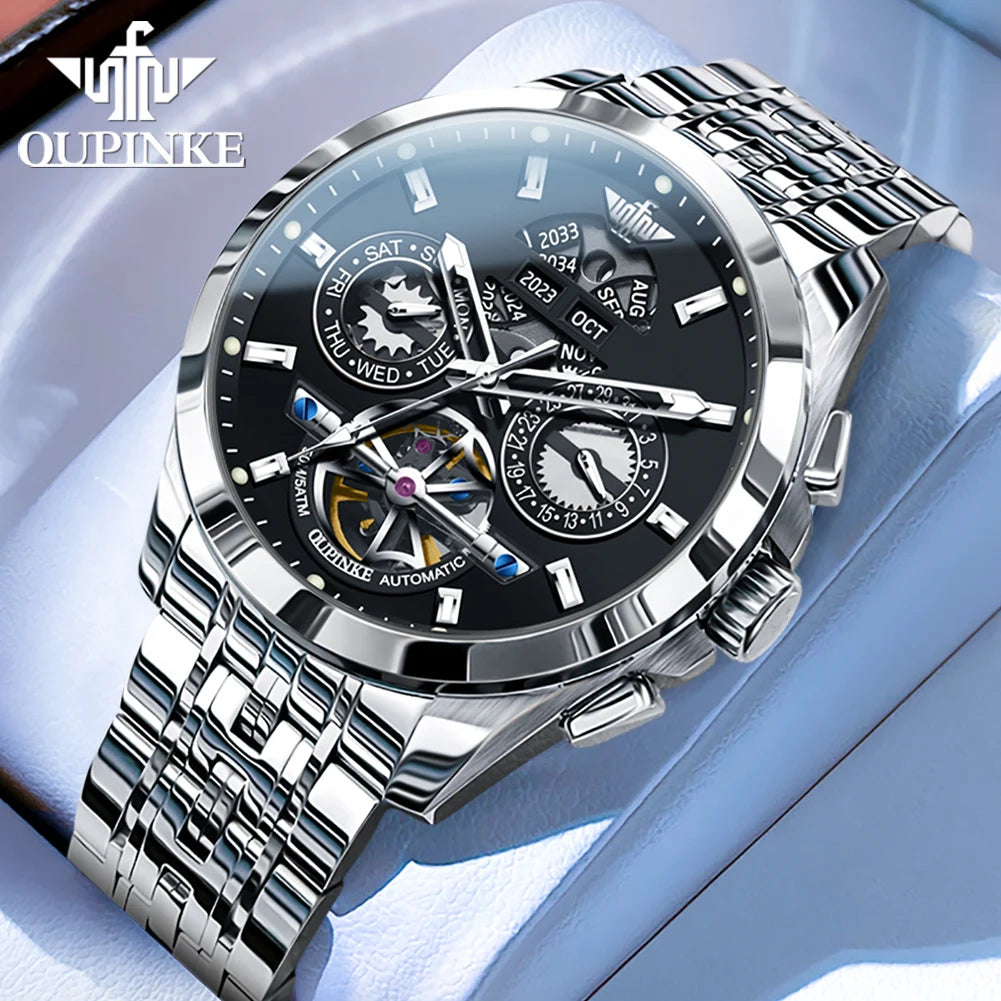 OUPINKE 3251 Watch For Men Auto Date Hollow Skeleton Luxury Automatic Mechanical Hand Clock Top Brand Waterproof Man Watches