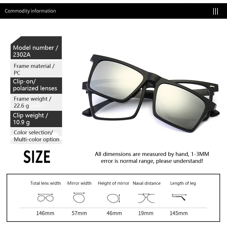 Myopia Polarized Magnet Sunglasses Women Men Clip On Glasses Square Optic Spectacle 6 In 1 Eyeglass Frames -0.5 TO -10