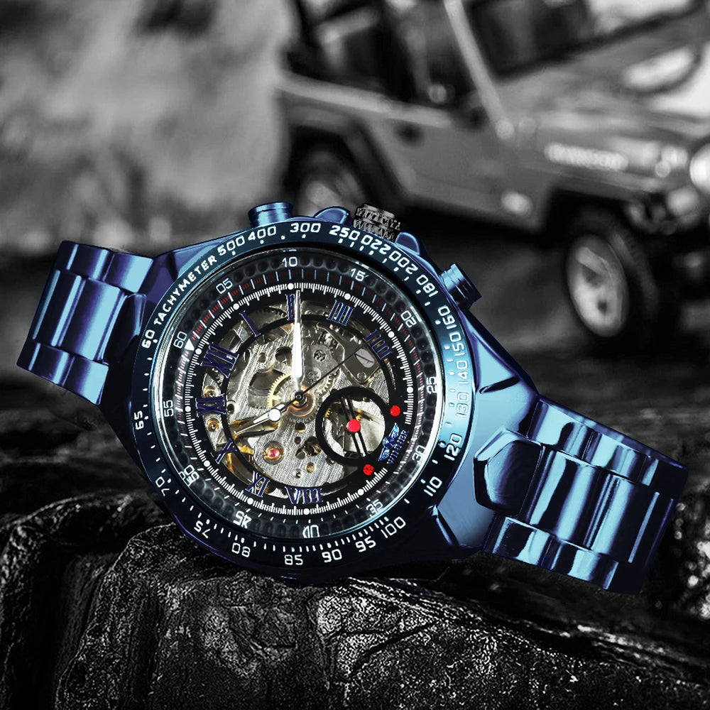 WINNER men’s automatic watch – Transparent skeletonised model, luminescent hands, stainless steel bracelet, luxury brand mechanical watch