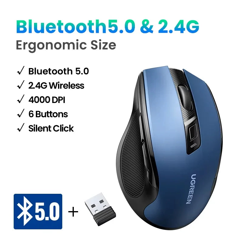 Rato sem fios UGREEN Bluetooth 5.0 ergonómico 4000DPI com 6 botões silenciosos para MacBook, tablet, portáteis, computador e PC, rato 2.4G