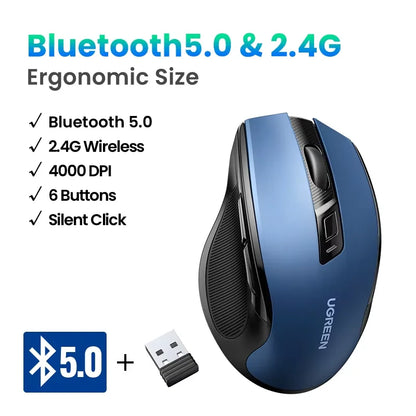 Rato sem fios UGREEN Bluetooth 5.0 ergonómico 4000DPI com 6 botões silenciosos para MacBook, tablet, portáteis, computador e PC, rato 2.4G