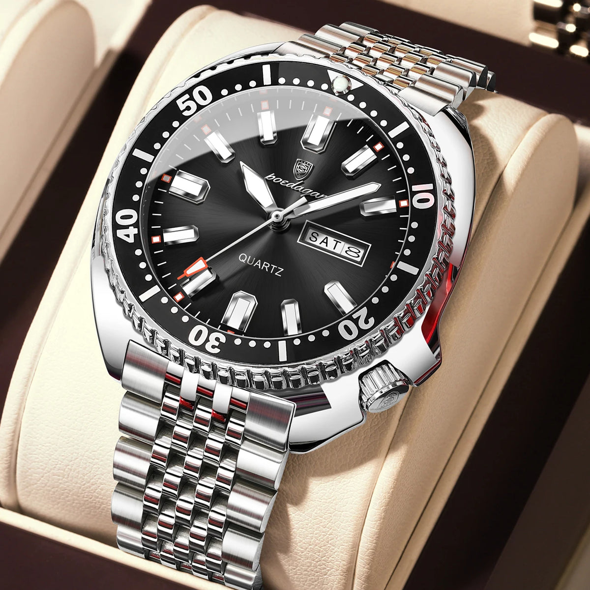 POEDAGAR luxury men’s watch, business style, with date and day of the week, water-resistant and luminous, made of stainless steel and powered by a quartz movement.