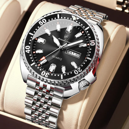 POEDAGAR luxury men’s watch, business style, with date and day of the week, water-resistant and luminous, made of stainless steel and powered by a quartz movement.