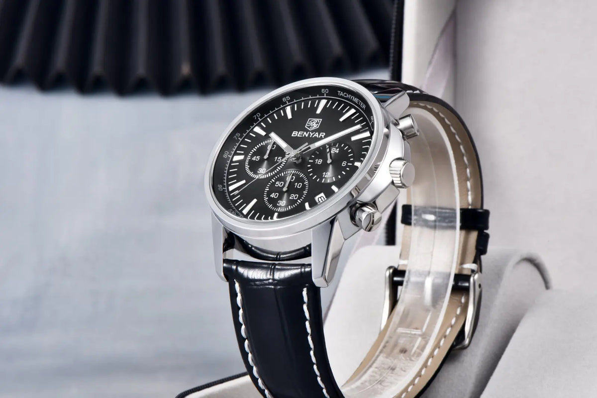 Benyar luxury men’s watch – Chronograph with date, leather strap, water-resistant, luminescent, sporty and military style, quartz watch