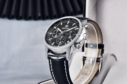 Benyar luxury men’s watch – Chronograph with date, leather strap, water-resistant, luminescent, sporty and military style, quartz watch