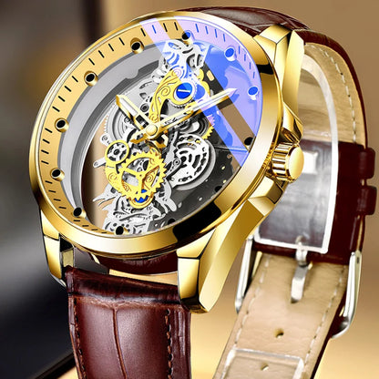 Trendy men’s watch, dual-opening model, luxury gold-tone style, imitation mechanical tourbillon, quartz movement.