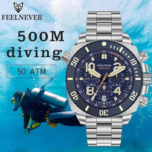 FeelNever Sport Automatic Movement Quartz Watch Stainless Steel Sapphire Crystal Watches for Men 500M Waterproof Clocks Watch for Men
