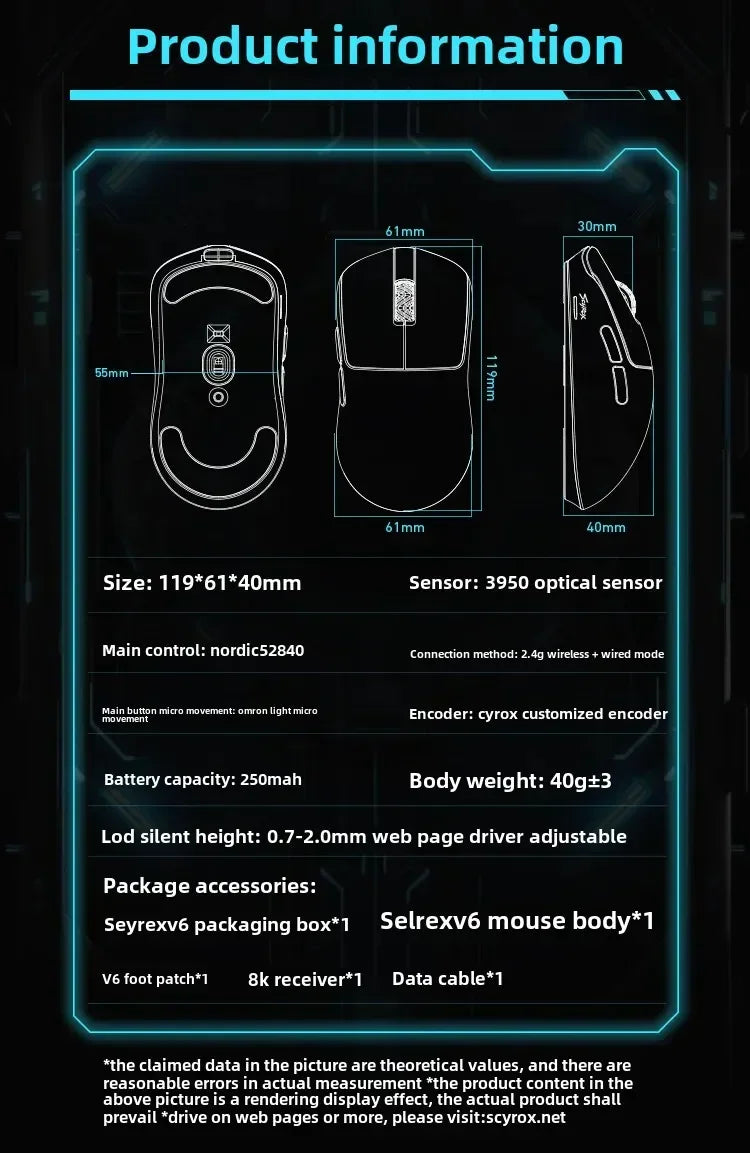 SCYROX V6 nem porózus vezeték nélküli esport egér, 40g, 750IPS, 8k vevőegységgel, gyors válaszidővel, 3950, prémium minőségű 8KHz gaming egér