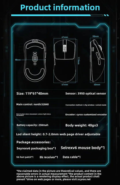 SCYROX V6 nem porózus vezeték nélküli esport egér, 40g, 750IPS, 8k vevőegységgel, gyors válaszidővel, 3950, prémium minőségű 8KHz gaming egér