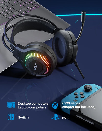 Auriculares Gaming com Fio RGB e Microfone – Headset Gaming com Som Surround de Baixa Latência, Iluminação RGB Elegante, Isolamento de Ruído e Ajuste Confortável
