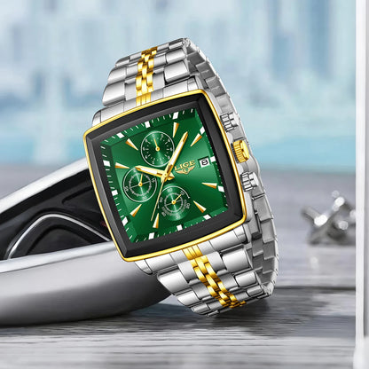 LIGE luxury men’s watches, square model, classic and trendy style, stainless steel, water-resistant, sporty and casual, with quartz movement.