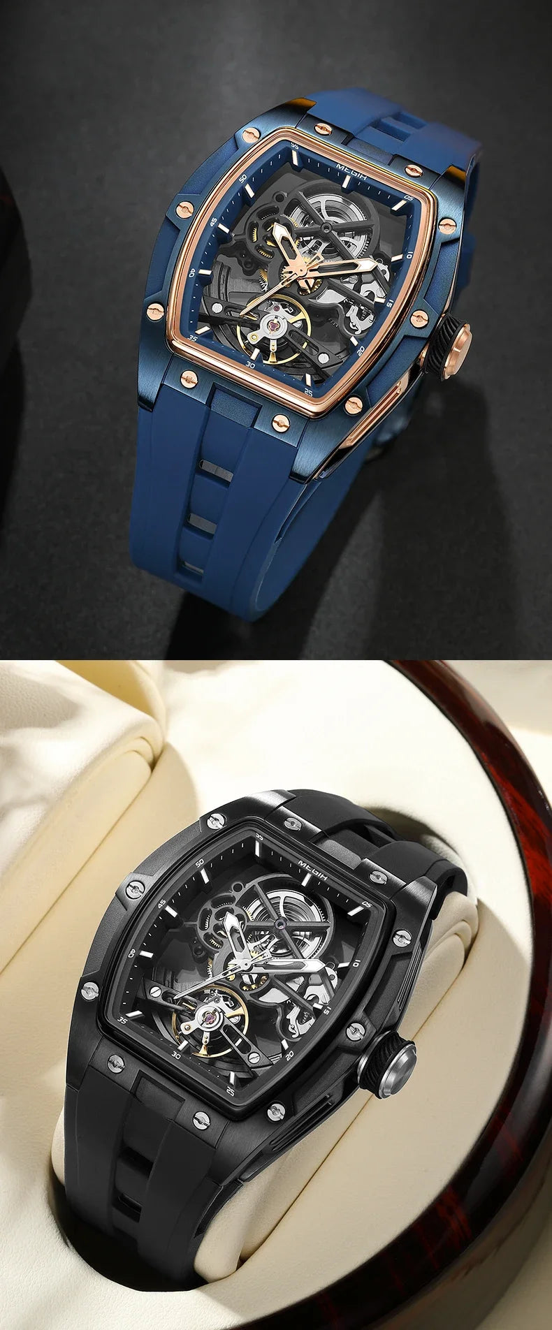 MEGIR Fashion Leisure Alloy Case Men Mechanical Watch Silicone Band Barrel Shaped Dial Luminous Pointer Design Man Wristwatch