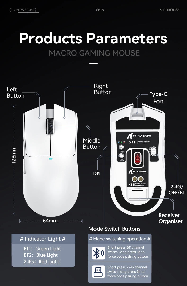 Attack Shark X11 Wireless Gaming Mouse with RGB Charging Dock, PAW3311 Sensor, 22000 DPI, Tri-Mode Bluetooth, 1000Hz Polling Rate Gaming Mouse