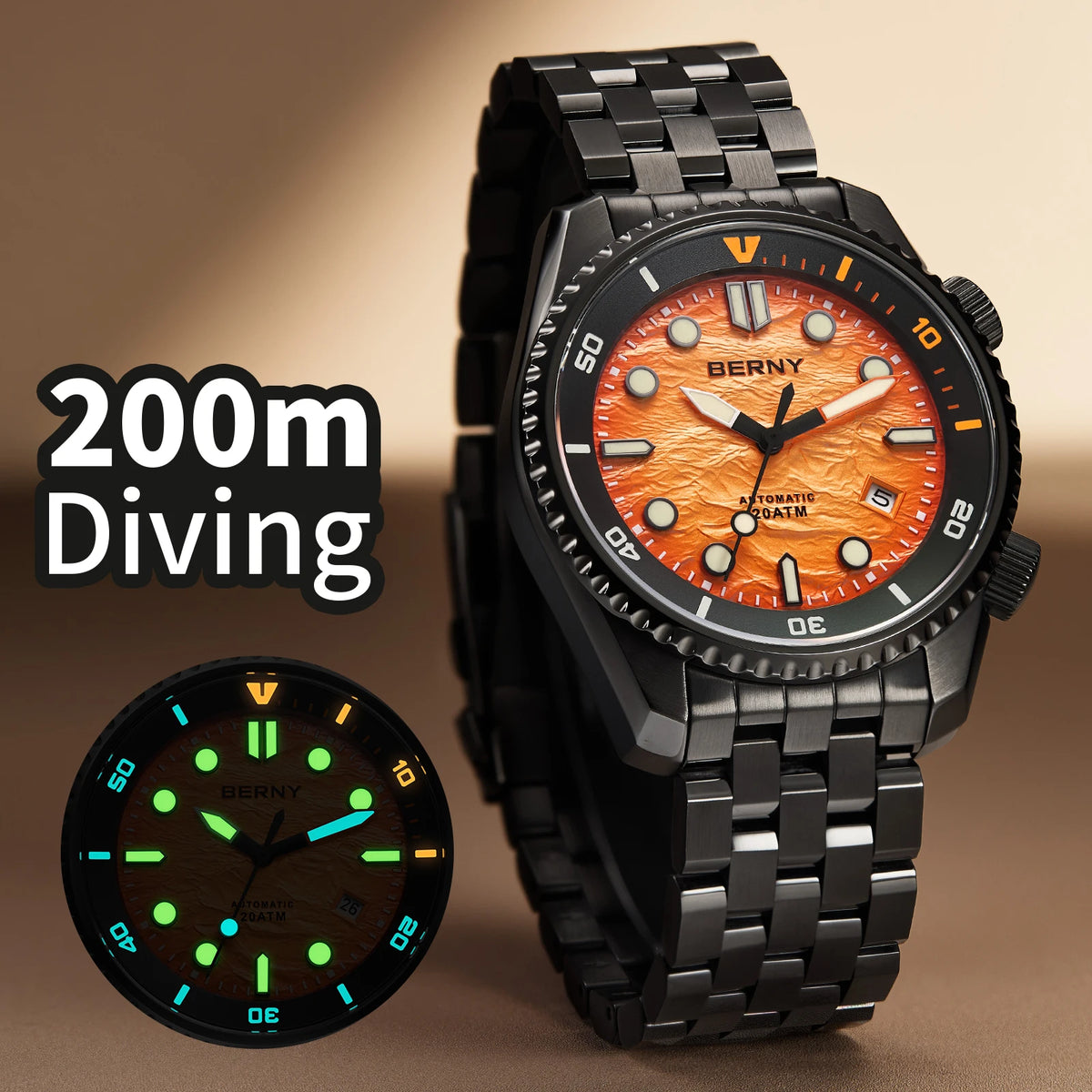 BERNY 20ATM Automatic Men's Watch Diver Sports Diving Watches Luxury Sapphire 316L Stainless Steel Mechanical Waterproof Watches