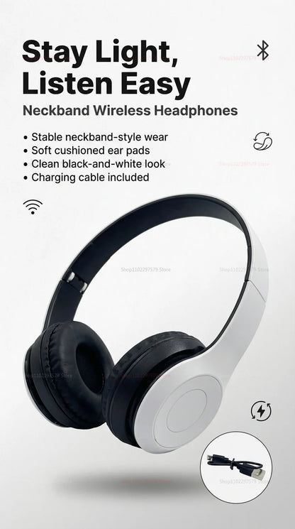 Bluetooth 5.0 Wireless Headphones, Foldable Over-Ear Headset, HiFi Stereo Sound, Soft Skin-Friendly Earmuffs
