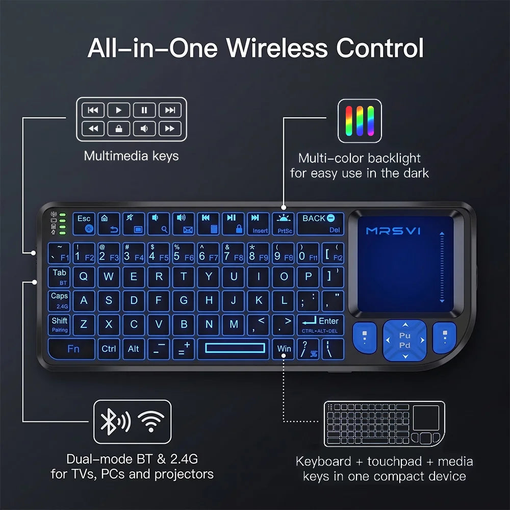 MRSVI Mini-Tastatur A8 PLUS, beleuchtete 2.4GHz- & Bluetooth5.0-Wireless-Tastatur mit Touchpad für Android TV Box, Mac, Laptop, Windows