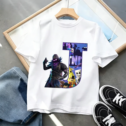 Fortnite A-Z Alphabet Print T-Shirt Summer Kids White Clothing Popular Cartoon Game T-Shirt Fashion Casual Short Sleeve Top Gift