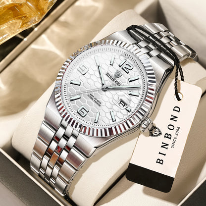BINBOND luxury quartz wristwatch, luminous, water-resistant, automatic date, for men, stainless steel, business, sport, fashion and casual styles.