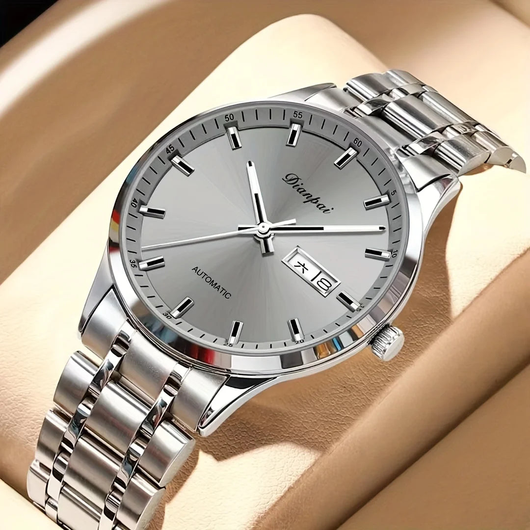 Relógio mecânico automático para homem Dianpai – Modelo de luxo, mostrador luminescente, design clássico e minimalista, em aço inoxidável, estanque, com calendário e indicação do dia da semana