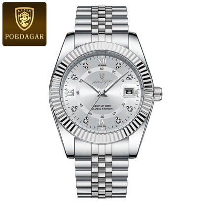 Reloj para hombre POEDAGAR: modelo de lujo, resistente al agua, de acero inoxidable, con pantalla luminiscente, estilo militar, función de fecha, mecanismo de cuarzo, ideal para el trabajo o para ocasiones profesionales.