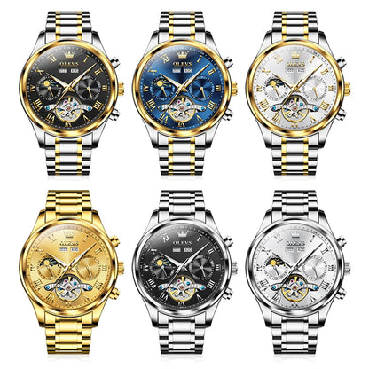 OLEVS 7005 Classic Business Mechanical Wristwatch for Men Skeleton Flywheel 24 Hour Moon Phase Calendar Luxury Men's Watch