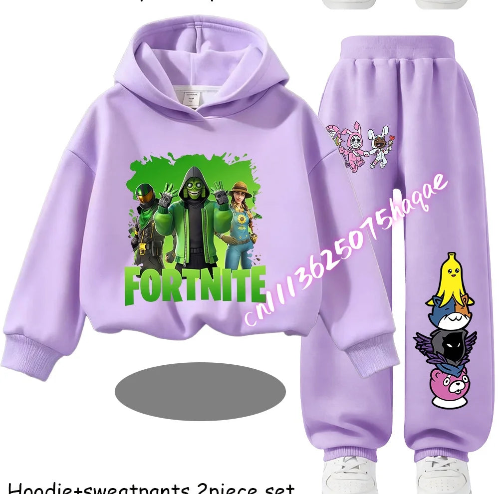 Fortnite-bedruckte Kinder-Hoodies, Cartoon-Design, bequemes 2-teiliges Set, locker sitzende Langarm-Oberteile mit Hose, Herbst-/Winterkleidung, Geschenk