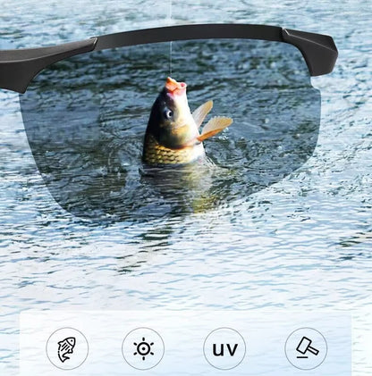 KLASSNUM Men Fashion Cycling Rimless Sunglasses Photochromic Polarized Shades Color Changing Fishing Car Driving Yellow Glasses
