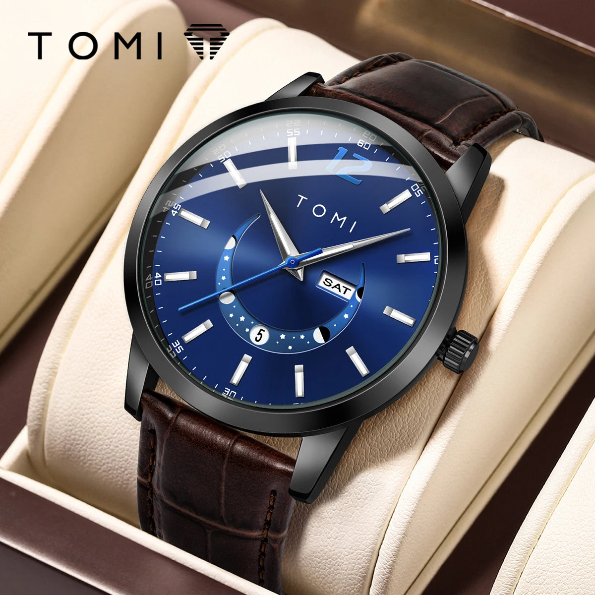 Orologio al quarzo TOMI, dallo stile elegante e professionale, con cinturino in pelle, cassa in lega e quadrante con lancette – Design di alta gamma, idea regalo per uomo