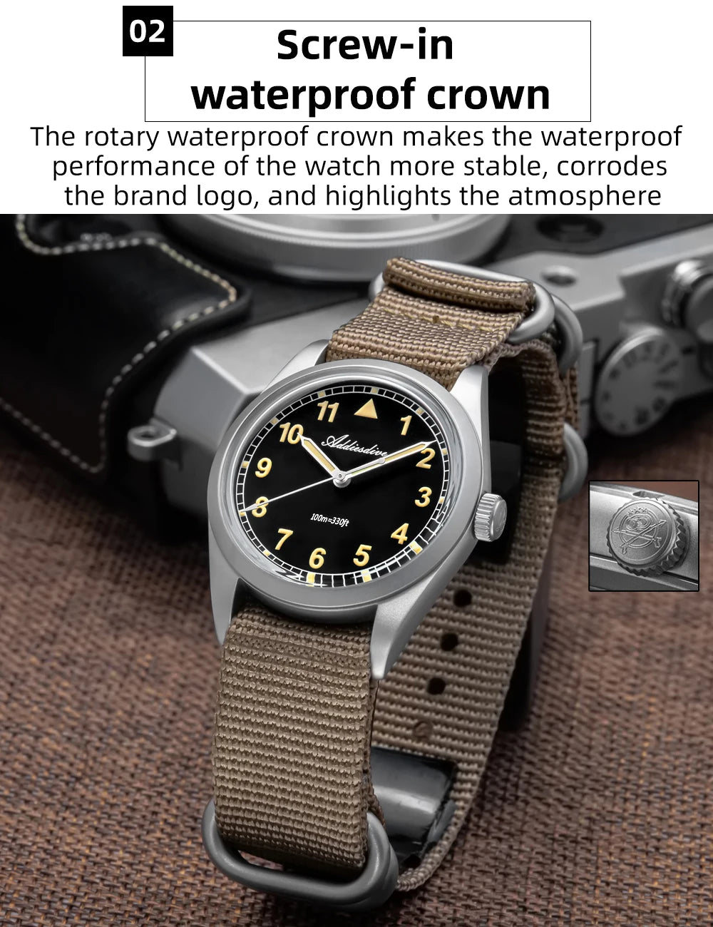 Relógio analógico masculino ADDIESDIVE 36mm com vidro espelhado bolha, 100m à prova de água, luminoso, simples, em quartzo, com bracelete em nylon