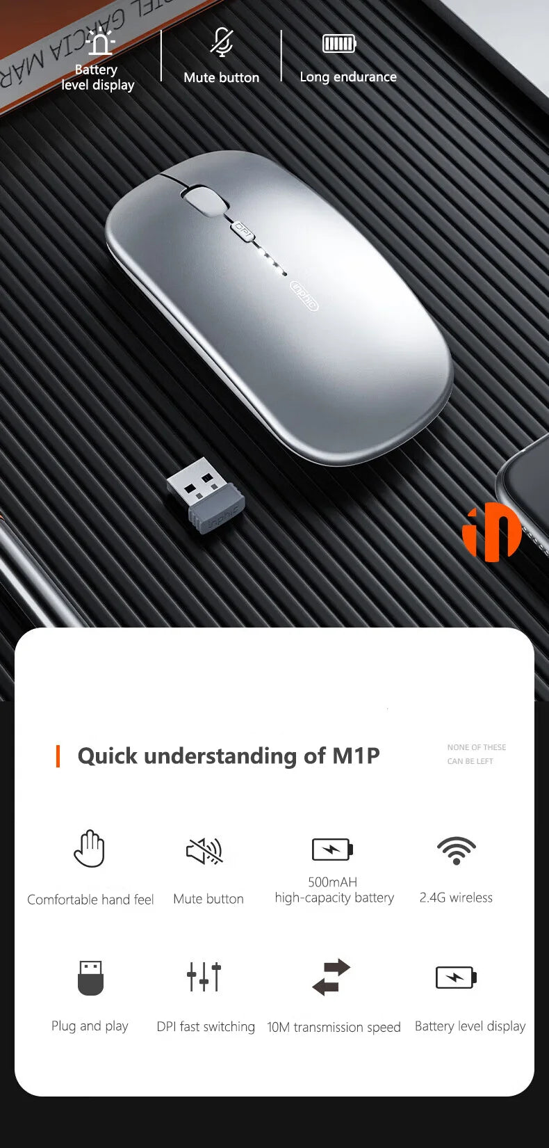 Mouse Wireless Silenzioso da Ufficio Inphic M1P Ultra-Sottile Portatile con Interfaccia USB, Indicatore Batteria e Ricarica TYPE-C