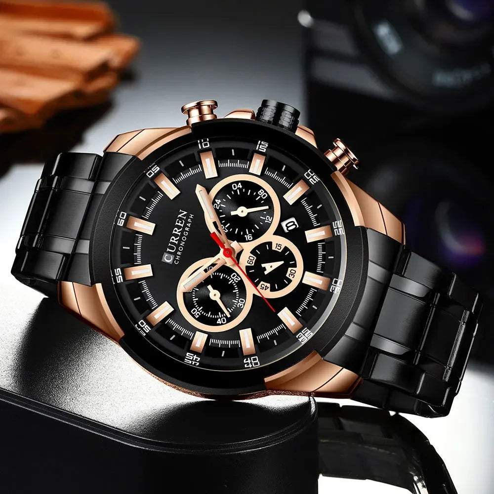 CURREN men’s chronograph watch, large 48 mm dial, stainless steel bracelet, three sub-dials, quartz sports wristwatch, luxurious style