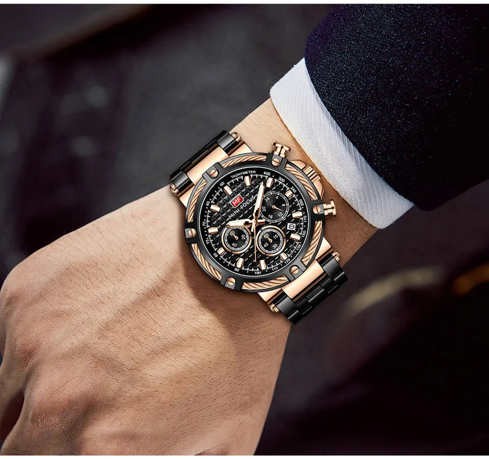 MINI FOCUS Black Stainless Steel Quartz Watch Men Fashion Luminous Dress Wristwatch with Date 24-hour Display Chronograph 0470