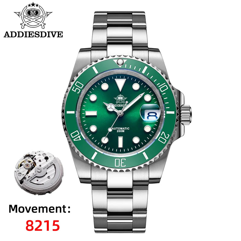 Relógio automático de luxo para homem ADDIESDIVE 8215, relógio mecânico luminoso BGW9 com vidro de safira, relógio de mergulho analógico para homem AD2503
