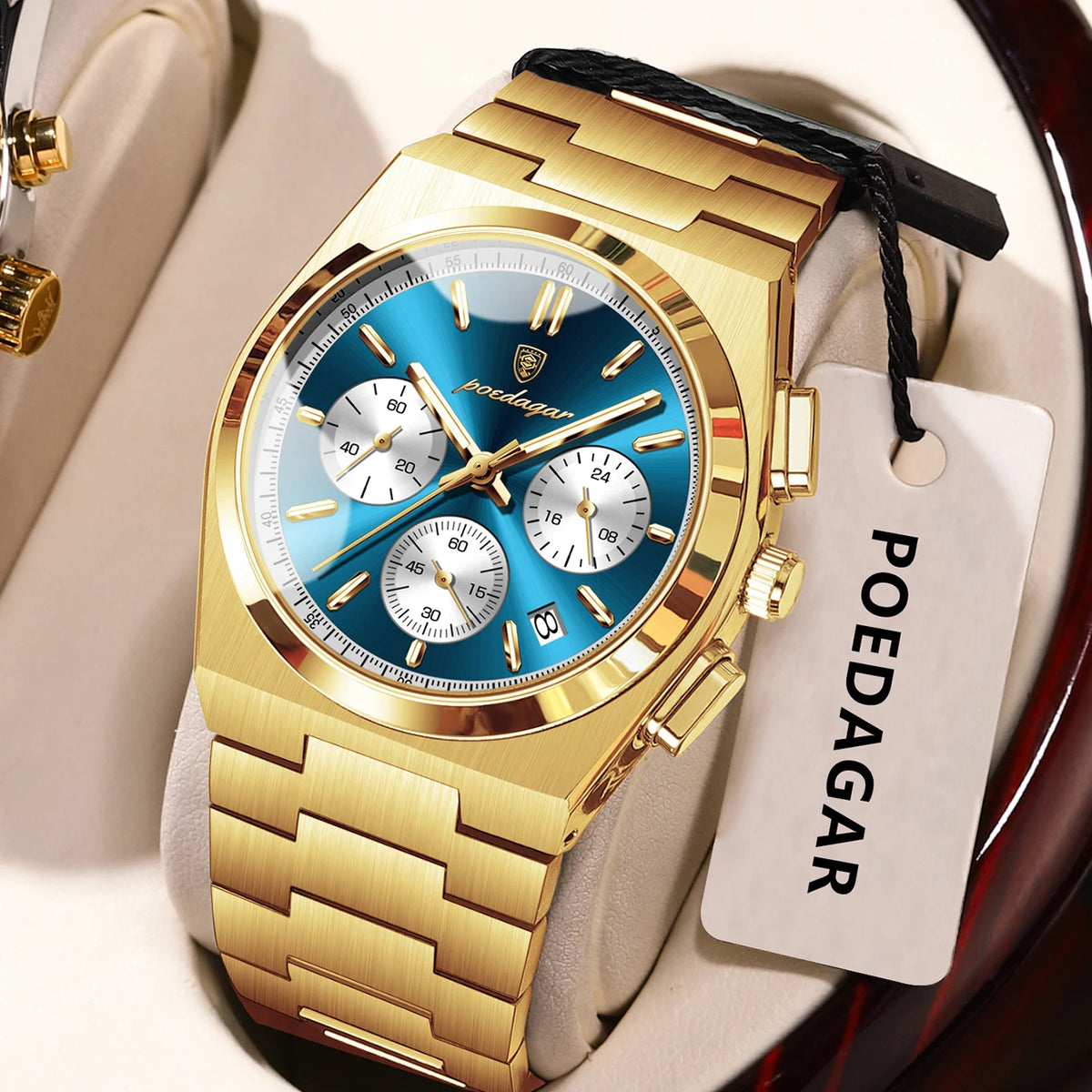 POEDAGAR Men’s Watch – Luxury stainless steel chronograph, with date, water-resistant and luminescent – Sporty quartz wristwatch