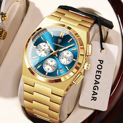 POEDAGAR Men’s Watch – Luxury stainless steel chronograph, with date, water-resistant and luminescent – Sporty quartz wristwatch