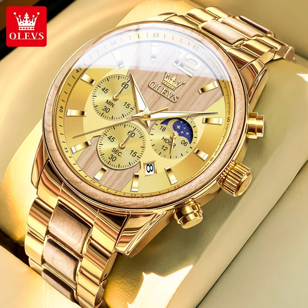 OLEVS 3645 men’s wooden watch, luxury, with night-light, multifunctional chronograph, quartz, retro style, trendy sports watch.