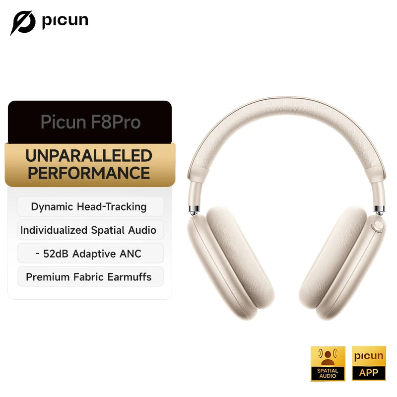 Auscultadores Sem Fios Picun F8 Pro ANC com Seguimento da Cabeça, Áudio Espacial 3D, ANC -52dB, Auscultadores Bluetooth HIFI com Microfone HD ENC, Baixa Latência e APP