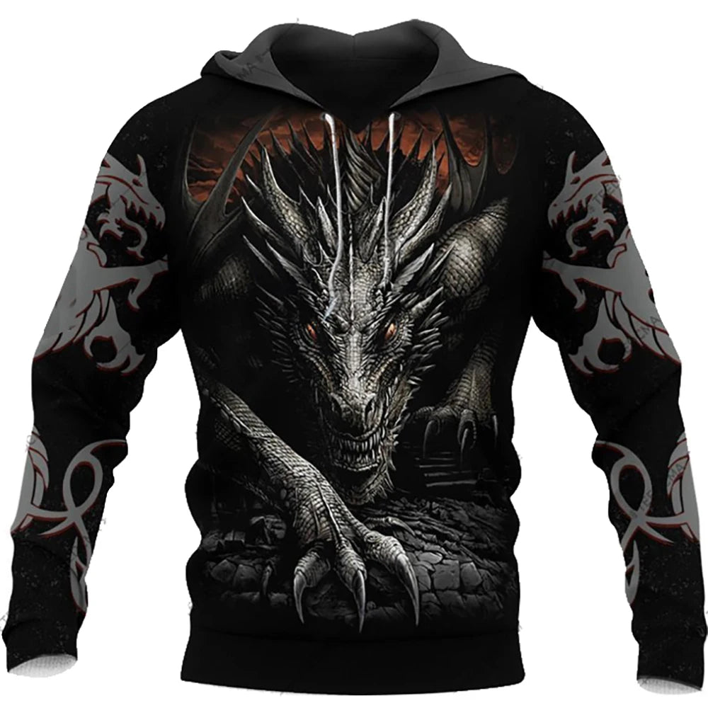 Herbst-Winter-Kapuzenpullover für Herren, langärmelig, mit 3D-Tattoo-Drachen-Print, Unisex-Streetwear-Sweatshirt, lässiger Trainingsanzug-Pullover