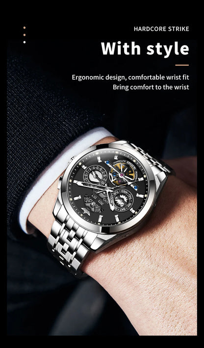 OUPINKE 3251 Watch For Men Auto Date Hollow Skeleton Luxury Automatic Mechanical Hand Clock Top Brand Waterproof Man Watches