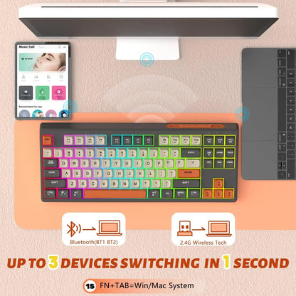 Teclado Gaming Sem Fios Free Wolf M87 75% - Switches Silenciosos, Retroiluminação Rainbow, BT/2.4G, Teclas PBT em Degradé, Design Compacto