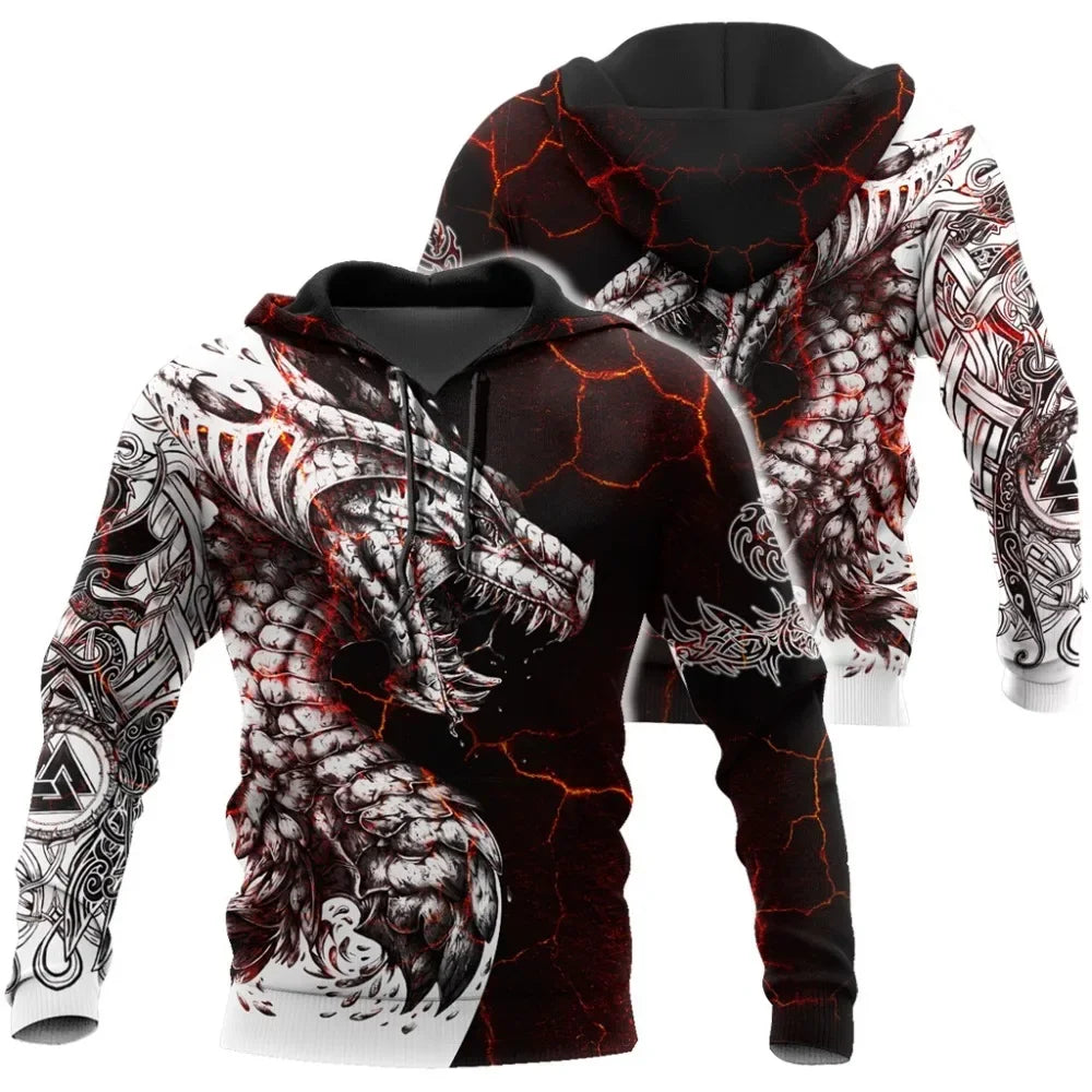 Sweatshirt com Capuz para Homem Black & White Tattoo Dragon com Impressão 3D, Unissexo, Streetwear, Fecho de Correr, Pullover, Casaco Casual de Fato de Treino KJ0192