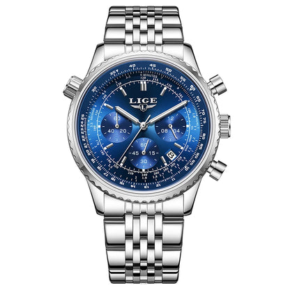 Montre de luxe pour homme LIGE – Chronographe avec date, en acier inoxydable, étanche, luminescente, style sportif et militaire, montre à quartz pour homme