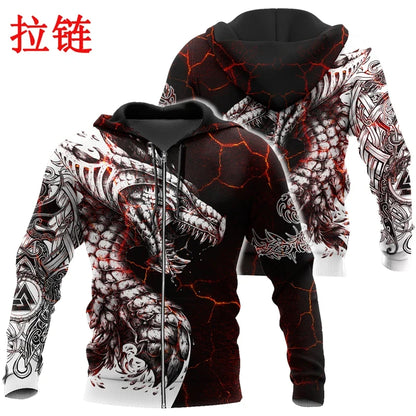 Sweatshirt com Capuz para Homem Black & White Tattoo Dragon com Impressão 3D, Unissexo, Streetwear, Fecho de Correr, Pullover, Casaco Casual de Fato de Treino KJ0192