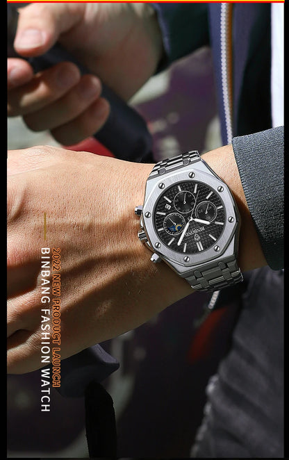 BINBONG B0161 Top Brand Man Business Quartz Watch Chronograph Wristwatch Stainless Steel Strap 30M Waterproof Luxury Men Watch