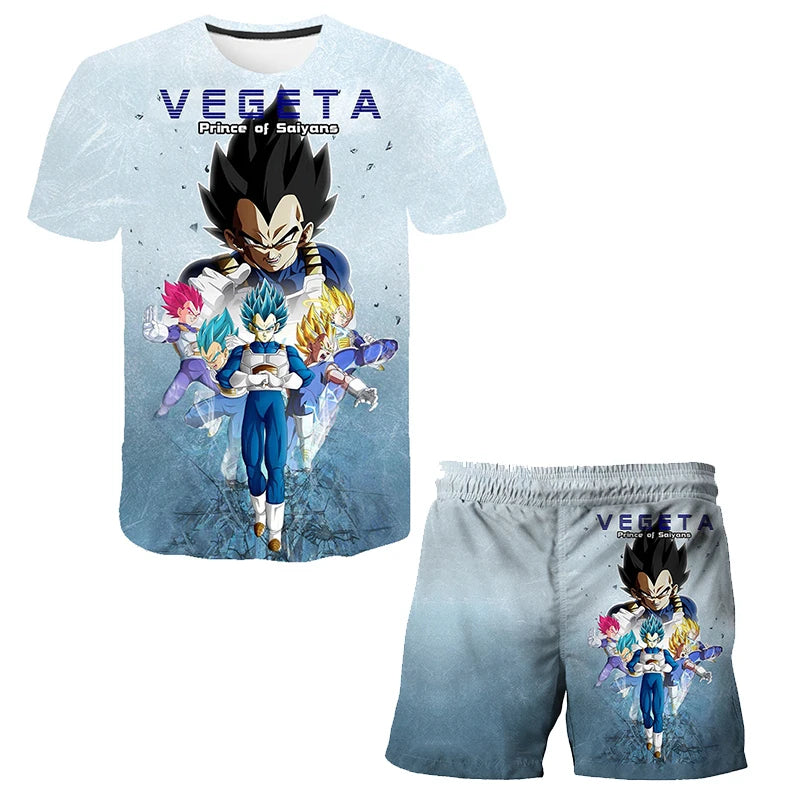 Japanisches Cartoon-Dragon-Ball-Z-T-Shirt, Kinder-Oberteil, T-Shirt- und Shorts-Zweiteiler für den Sommer, Jungen-T-Shirt + Shorts, Strandshorts