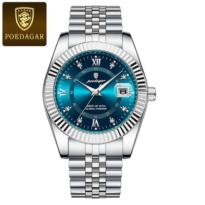 Reloj para hombre POEDAGAR: modelo de lujo, resistente al agua, de acero inoxidable, con pantalla luminiscente, estilo militar, función de fecha, mecanismo de cuarzo, ideal para el trabajo o para ocasiones profesionales.