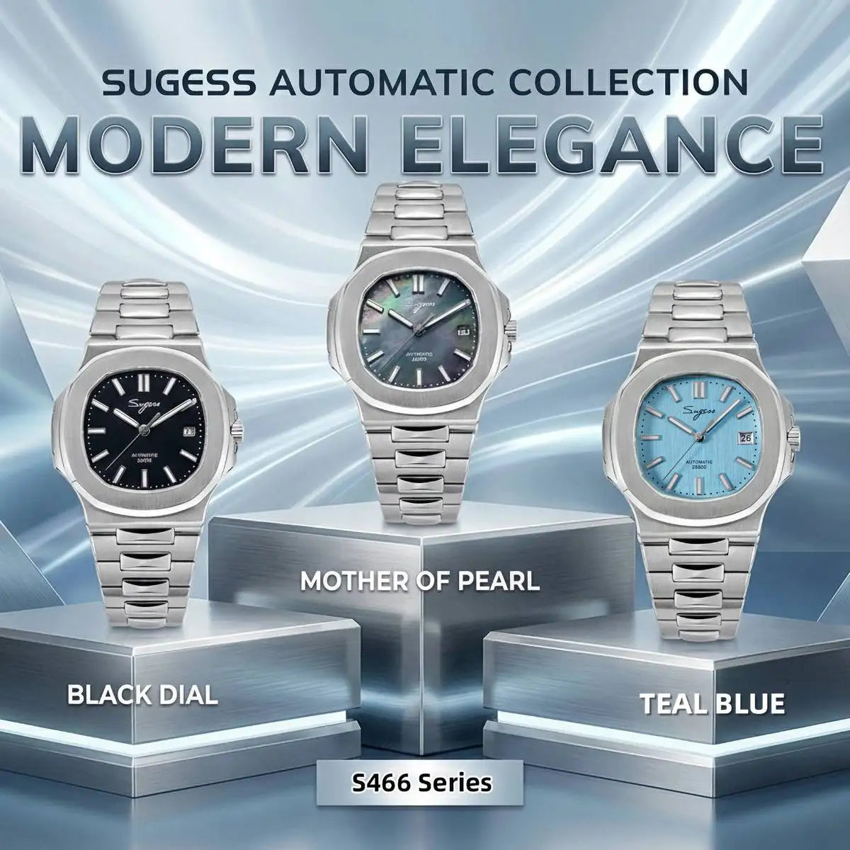 Orologio da uomo Sugess automatico meccanico da polso, movimento Miyota 9015, quadrante MOP, luminoso, impermeabile 5bar, bracciale di lusso S466