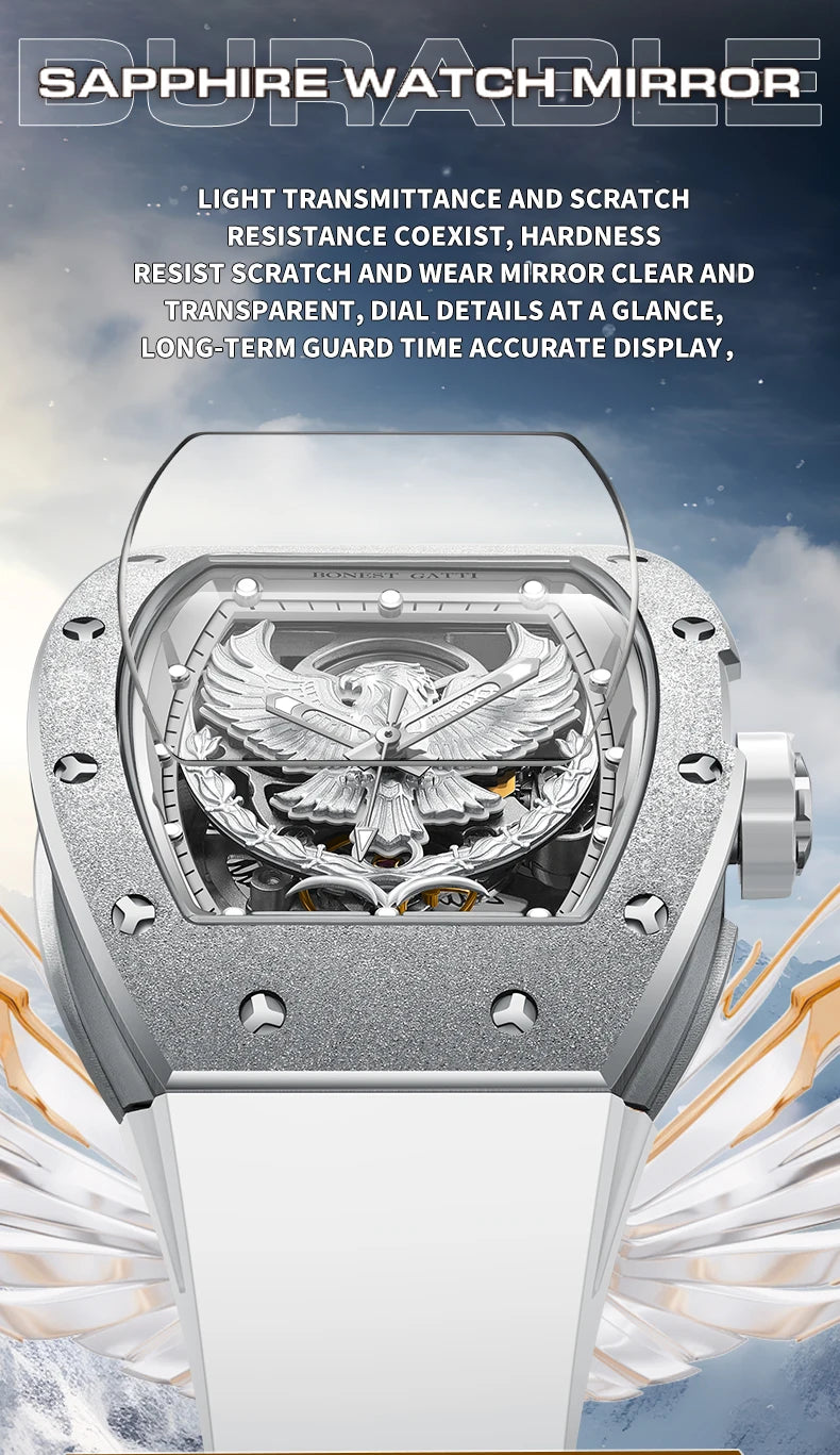 BONEST GATTI Luxury Men's Hollow Automatic Mechanical Watches Tonneau Sapphire Crystal Luminous Hollow Eagle Dial Rubber Straps