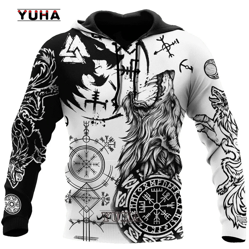 Felpa con cappuccio e felpa da uomo unisex casual autunnale New Wolf Tattoo Vegvisir nero bianco 3D con stampa integrale