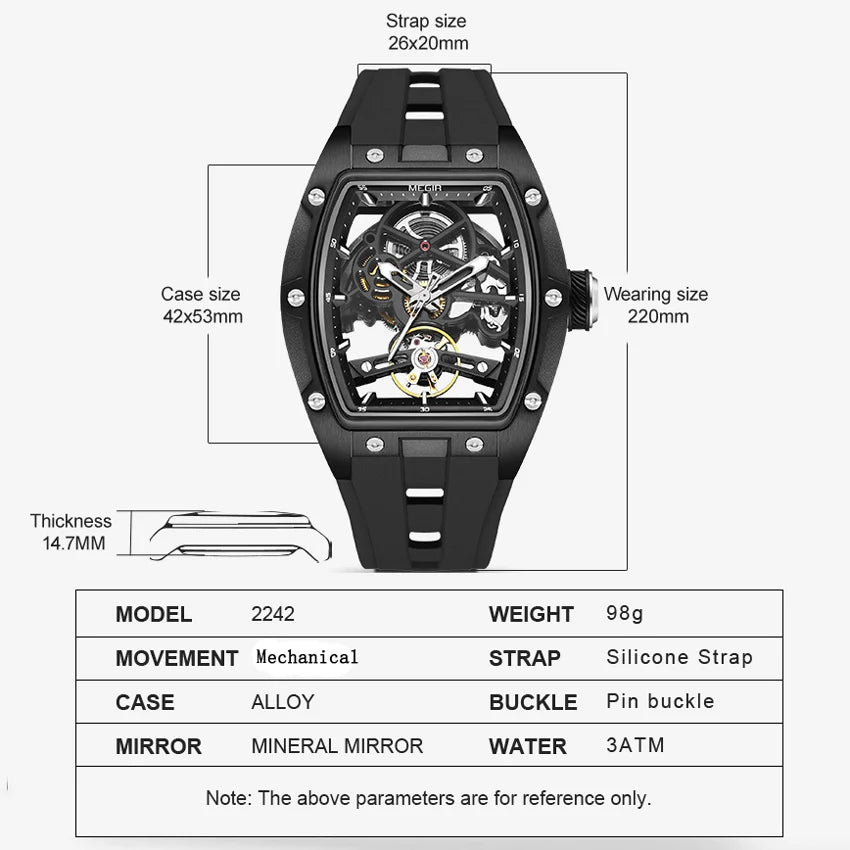 MEGIR Fashion Leisure Alloy Case Men Mechanical Watch Silicone Band Barrel Shaped Dial Luminous Pointer Design Man Wristwatch